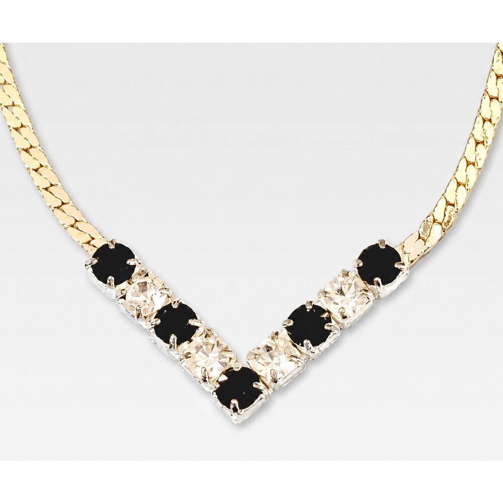 Vintage Black Glass‎ Rhinestone Necklace Silver-tone Retro Elegant 17"  bk01-31